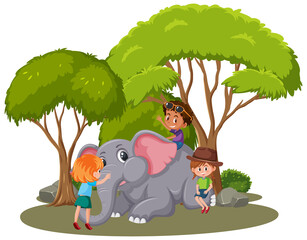 Children and happy elephant on white background