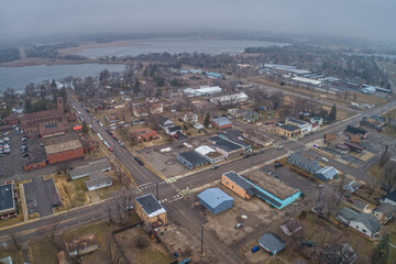 Aerial View of Avon, Minnesota on a foggy spring morning