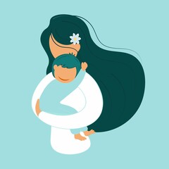 Motherhood theme. Loving mom and baby hug. Young mother with baby in her arms.Blue isolated background. Flat design. Dedicated to Mother's Day