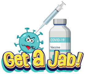 Get a Jab font with coronavirus cartoon character and syringe