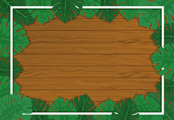 Empty wooden background with monstera leaves elements