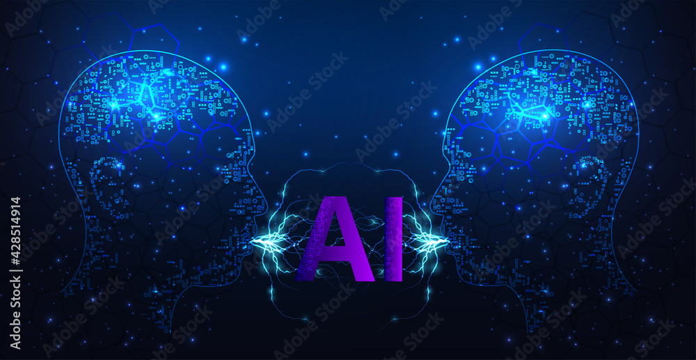 Poster Artificial intelligence technology concept.Human head outline with circuit board digital human face in robot digital computer interpretation and Machine Learning Concept.(AI) on dark blue background. 