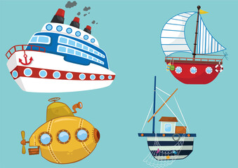Sea Transport Collection For Kids. Vector Illustration. Cruise, sailboat, submarine, fishing boat.