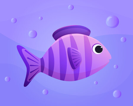 Vector illustration of purple fish in the ocean. Children's illustration of marine animals in cartoon style.
