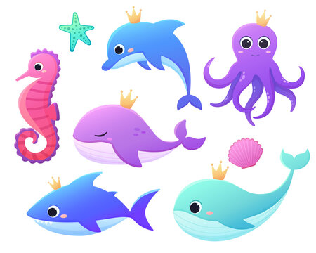 Set of cute childrens illustrations. Marine animals in cartoon style. Isolated on white background. Kind animals of the ocean. Whale, octopus, dolphin, shark
