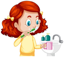 A girl cartoon character brushing teeth with water sink