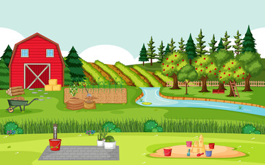 Farm scene with red barn in field landscape