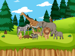 Group of wild african animal in the forest scene