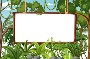 Blank banner in the rainforest scene with wild animals © blueringmedia