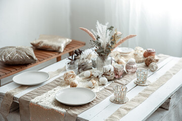 Home table setting for Easter celebration with decorative elements.