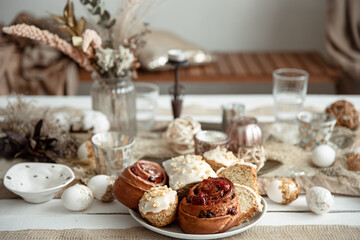 Close up of homemade cakes on a decorated table for the Easter holiday.