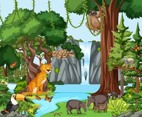 Poster Rainforest scene with wild animals © blueringmedia