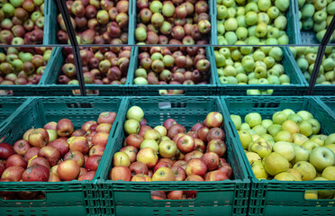 Close up of boxes with natural apples in a grocery store.