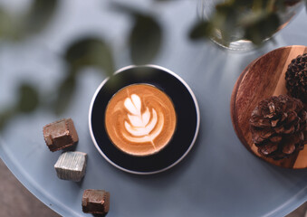 Top view latte art coffee