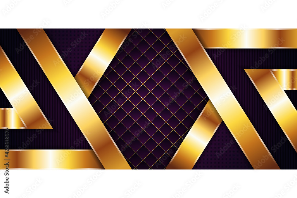 Poster vector purple background with gold element decoration. dynamic abstract gradient with gold line. geo