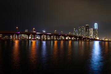 Beautiful Miami Florida skyline with lights and bay at sunset.