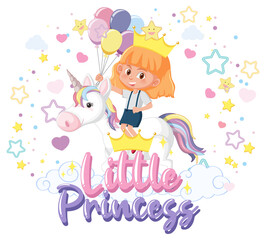 Little girl riding pegasus with little princess font on white background