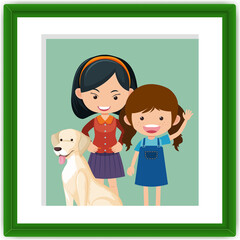 Two little girls in a photo frame in cartoon style