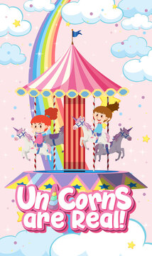 Unicorns are real font with kids playing carousel