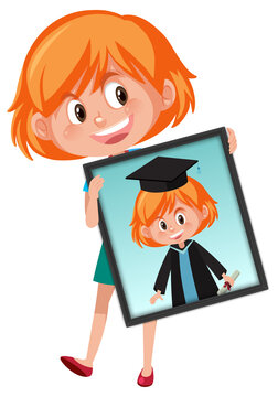 Cartoon character of a girl holding her graduation portrait photo