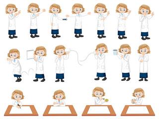 Set of a scientist girl doing different experiment