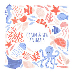 Sealife creatures arranged with balnk space for text. Pre-made card or poster design with sea and ocean animals