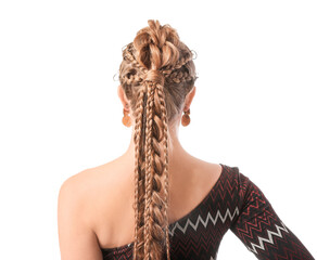 Beautiful young woman with braided hair on white background