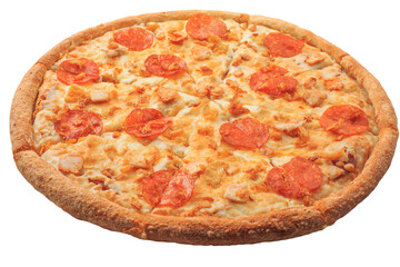 Pizza with cheese, pepperoni and chicken, isolated on a white background.