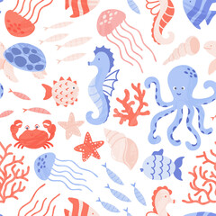 Seamless pattern with cute sea and ocean animals, corals and shells. Repeat design with sea creatures - octopus, seahorse, jellyfish, turtle. Vector cartoon illustration