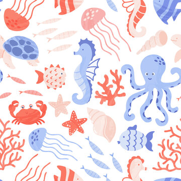 Seamless pattern with cute sea and ocean animals, corals and shells. Repeat design with sea creatures - octopus, seahorse, jellyfish, turtle. Vector cartoon illustration © tannikart