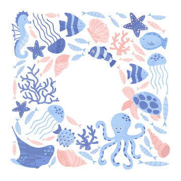 Sealife creatures arranged with balnk space for text. Pre-made card or poster design with sea and ocean animals