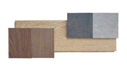 top view of interior material board containing dark brown walnut veneer , oak engineered floor ,grey stone tile samples isolated on white background with clipping path. mood and tone board.