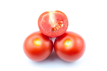 Organic fresh tomatoes on white background.