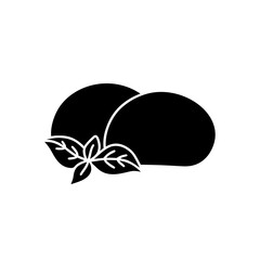 Mozzarella silhouette icon. Black hand drawn illustration of Italian cheese with basil leaves for packaging design. Contour isolated vector pictogram on white background