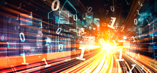 Digital data flow on road with motion blur to create vision of fast speed transfer . Concept of future digital transformation , disruptive innovation and agile business methodology .