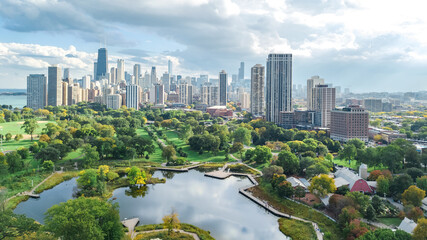 Chicago skyline aerial drone view from above, lake Michigan and city of Chicago downtown...