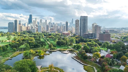 Tuinposter Chicago skyline aerial drone view from above, lake Michigan and city of Chicago downtown skyscrapers cityscape bird's view from park, Illinois, USA  © Iuliia Sokolovska
