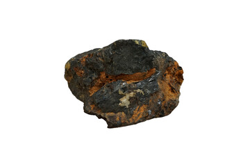 isolated raw Wolframite stone, iron manganese tungstate mineral on white background. 