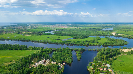 Aerial view of Desna river in spring, beautiful nature landscape near Kyiv, Ukraine

