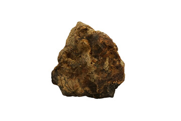 Raw Cassiterite stone, tin oxide mineral isolated on white background.