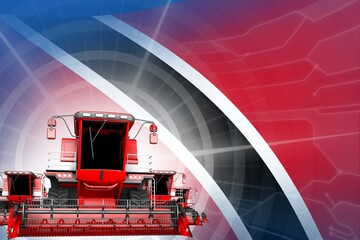 Farm machinery modernisation concept, 3 red modern grain combine harvesters on Trinidad and Tobago flag - digital industrial 3D illustration