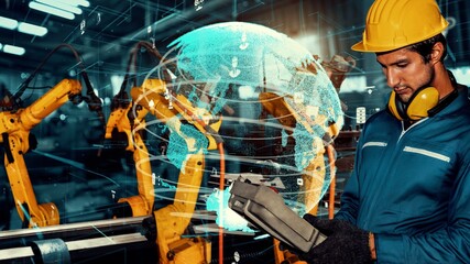 Smart industry robot arms modernization for digital factory technology . Concept of automation...