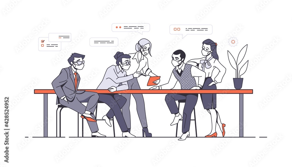 Poster work team. office workers meeting and brainstorming. employee characters wearing protective masks. c