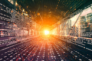 Digital data flow on road with motion blur to create vision of fast speed transfer . Concept of...