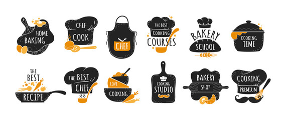 Cook logo. Restaurant kitchen chef emblems, bakery and cookery badges set. Black stickers with lettering and cooker hat or utensil. Food preparing course signs. Vector label templates