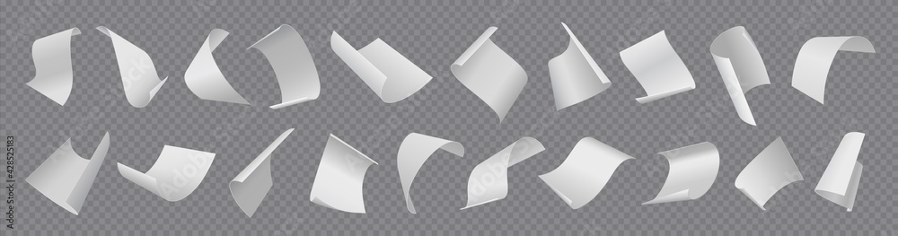 Poster Paper sheets. Flying blank document pages. Realistic falling notes set on transparent background. 3D empty letters loose soar. Curved notepapers with folded corners. Vector memos flight