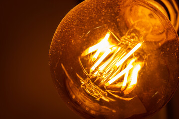 Decorative carbon filament bulb light. Macro photography.