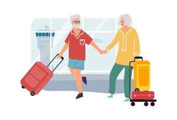 Senior couple in airport. Elderly man and woman travel. Cartoon people holding hands and carrying baggage. Vector passengers going to departure terminal with suitcases and handbags