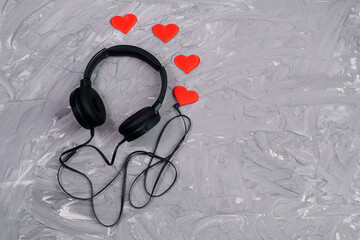 headphones on grey background. Music concept. Flat lay. Top view. Love music. copyspace