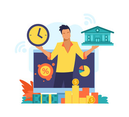 Online mobile bank. Digital banking service concept. Fintech advertising design. Financial transactions and payments. Successful investments or savings. Vector man with money banknotes